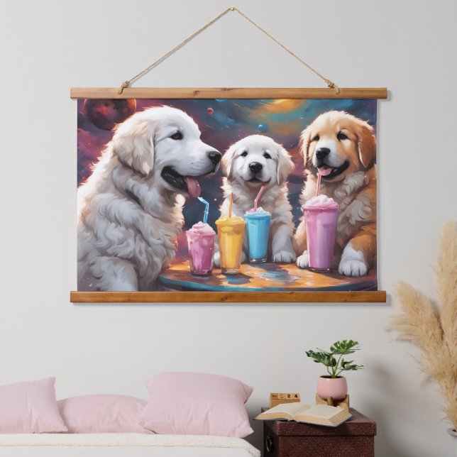 Great Pyrenees Mom and Puppies with Milkshakes Hanging Tapestry (Bedroom)