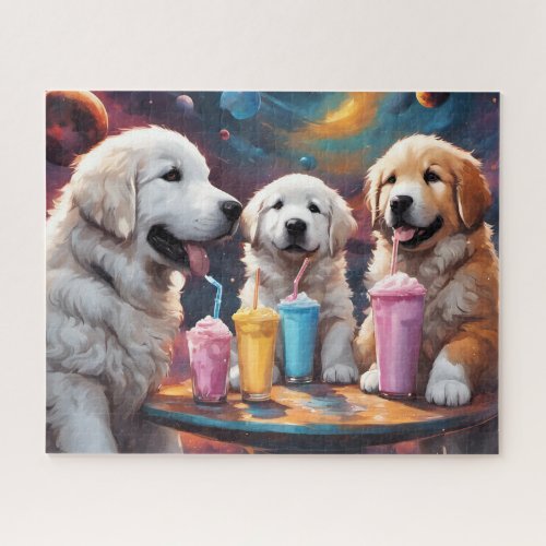 Great Pyrenees Mom and Puppies with Milkshakes Jigsaw Puzzle