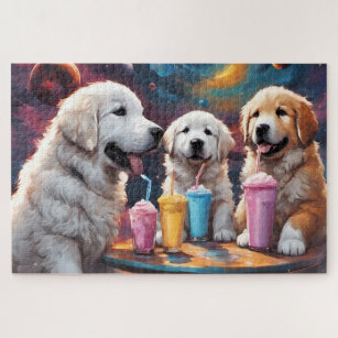 Great Pyrenees Mom and Puppies with Milkshakes Jigsaw Puzzle