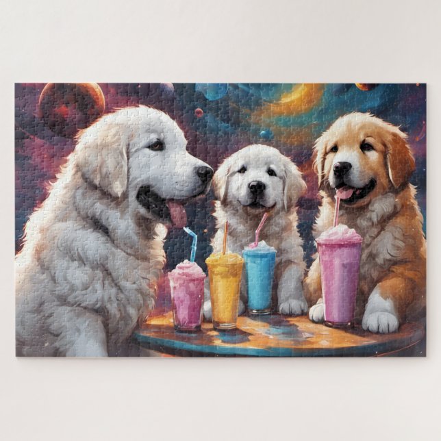 Great Pyrenees Mom and Puppies with Milkshakes Jigsaw Puzzle (Horizontal)