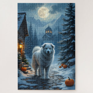 Great Pyrenees Moonlit Halloween Village Art Jigsaw Puzzle