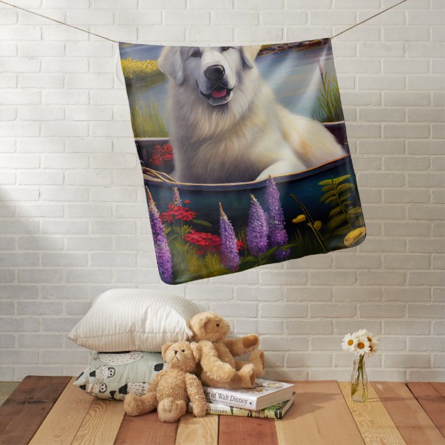 Great Pyrenees on a Paddle: A Scenic Adventure Baby Blanket (In Situ)