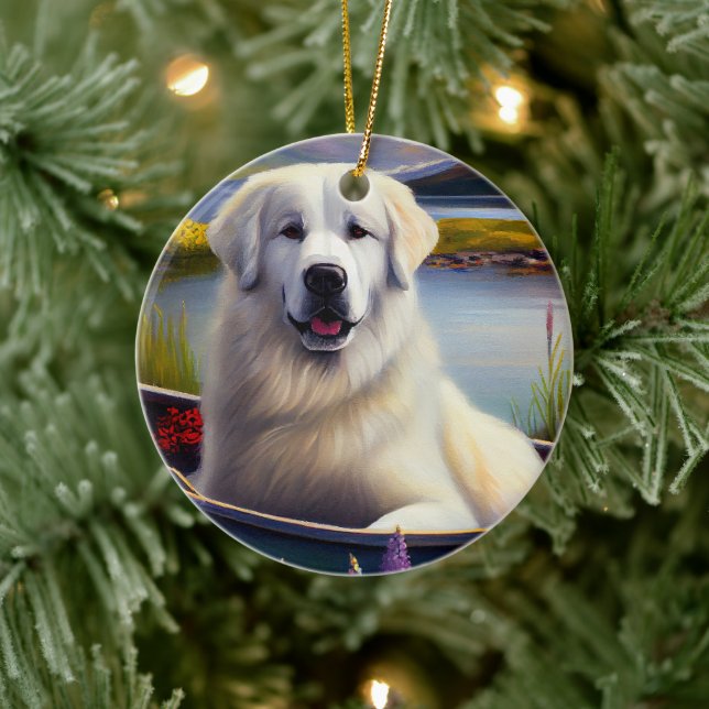 Great Pyrenees on a Paddle: A Scenic Adventure Ceramic Ornament (Tree)
