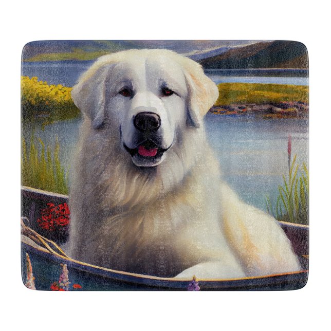 Great Pyrenees on a Paddle: A Scenic Adventure Cutting Board (Front)