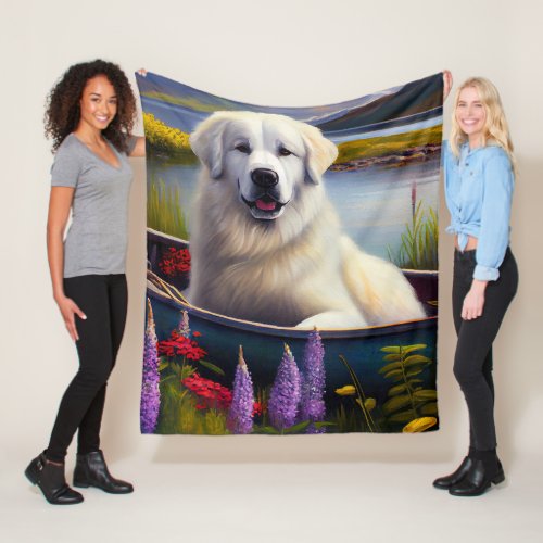 Great Pyrenees on a Paddle A Scenic Adventure Fleece Blanket