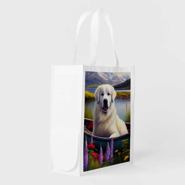 Great Pyrenees on a Paddle: A Scenic Adventure Grocery Bag (Front Side)