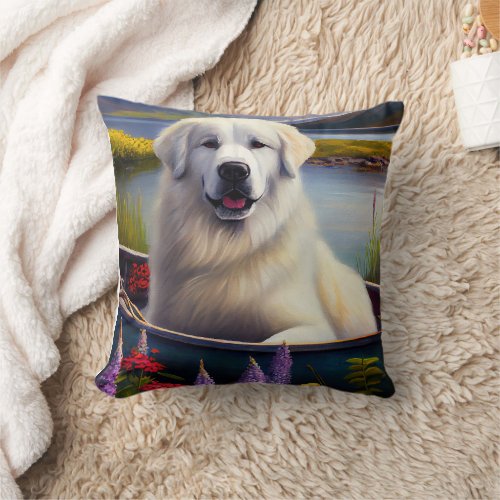 Great Pyrenees on a Paddle A Scenic Adventure Throw Pillow