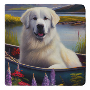 Great Pyrenees on a Paddle: A Scenic Adventure Trivet