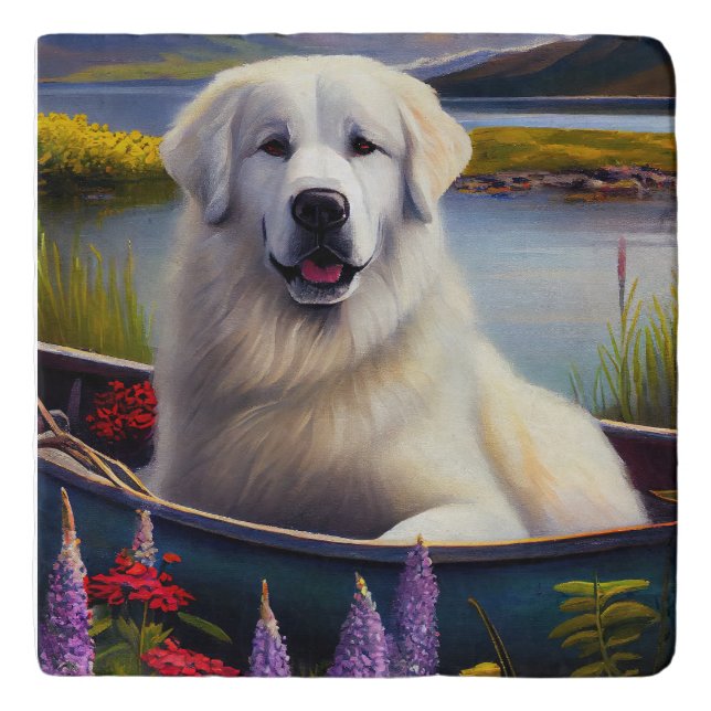 Great Pyrenees on a Paddle: A Scenic Adventure Trivet (Front)