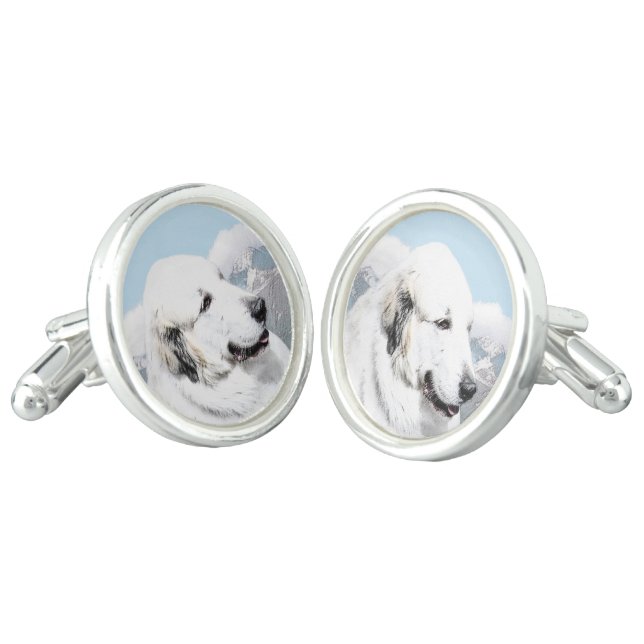 Great Pyrenees Painting - Original Dog Art Cufflinks (Angled)