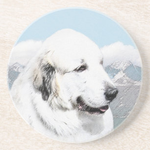 Great Pyrenees Painting - Original Dog Art Sandstone Coaster
