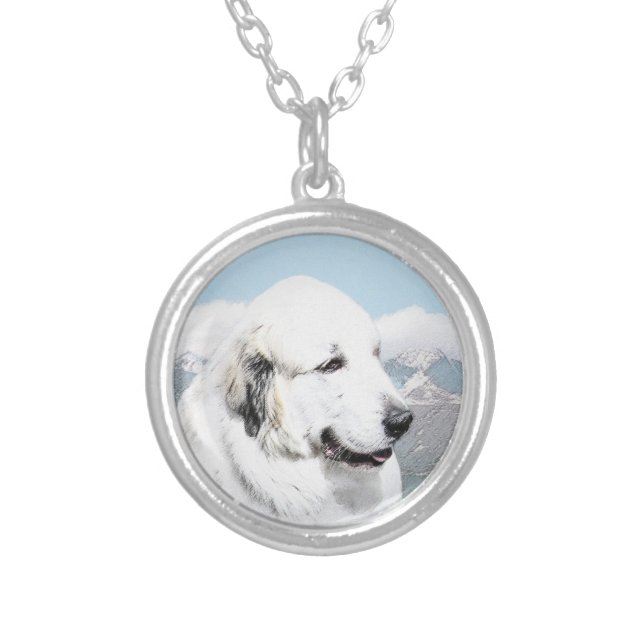 Great Pyrenees Painting - Original Dog Art Silver Plated Necklace (Front)