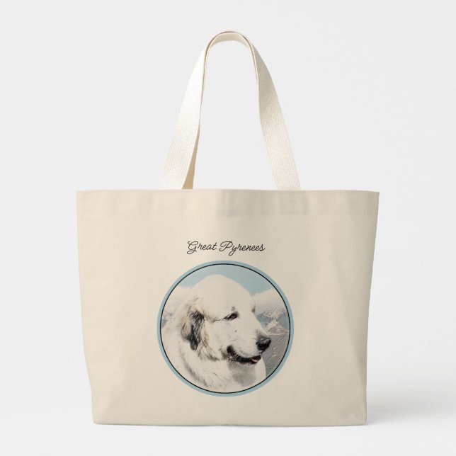 Great Pyrenees Painting White Original Pet Dog Art Large Tote Bag (Back)