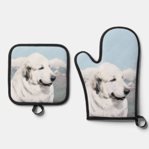 Great Pyrenees Painting White Original Pet Dog Art Oven Mitt & Pot Holder Set