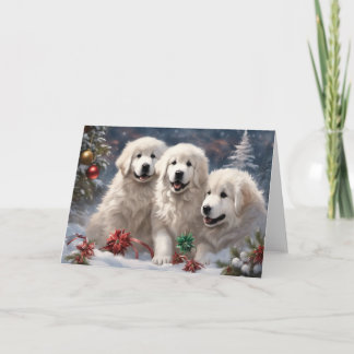Great Pyrenees Puppies 3 Winter Xmas Scene Card