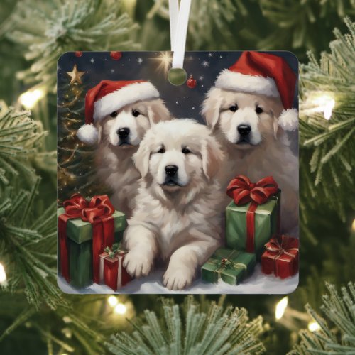 Great Pyrenees Puppies Gifts Xmas Scene 1 Metal Ornament