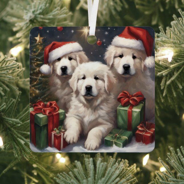 Great Pyrenees Puppies Gifts Xmas Scene 1 Metal Ornament (Insitu)