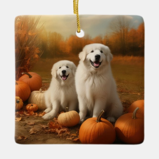 Great Pyrenees Puppy Autumn Delight Pumpkin  Ceramic Ornament (Front)