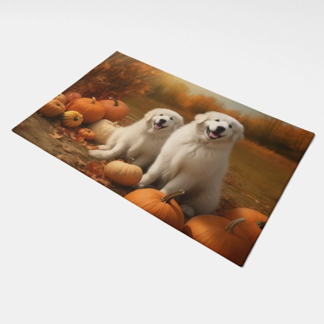 Great Pyrenees Puppy Autumn Delight Pumpkin  Doormat (Angled)