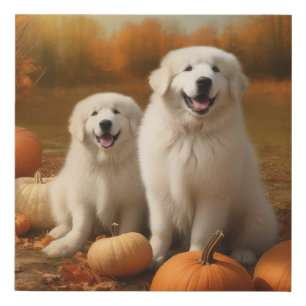 Great Pyrenees Puppy Autumn Delight Pumpkin  Faux Canvas Print