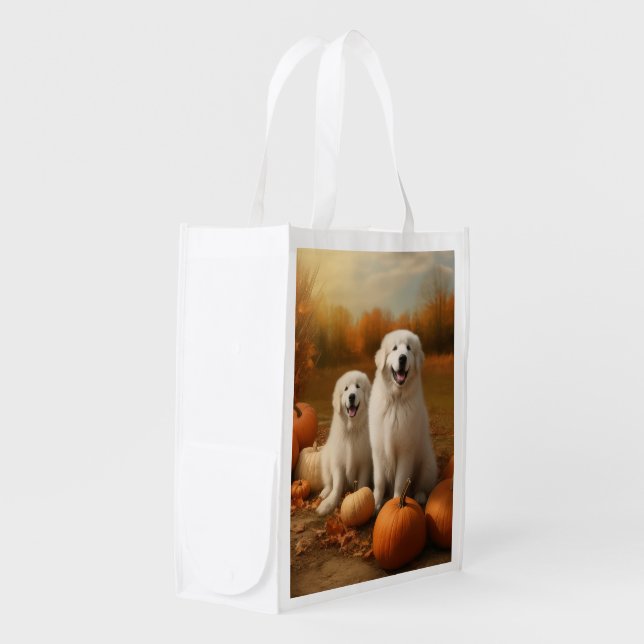Great Pyrenees Puppy Autumn Delight Pumpkin  Grocery Bag (Front Side)
