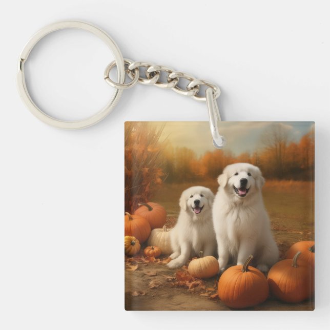 Great Pyrenees Puppy Autumn Delight Pumpkin  Keychain (Front)