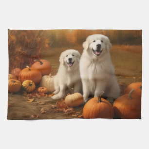 Great Pyrenees Puppy Autumn Delight Pumpkin  Kitchen Towel