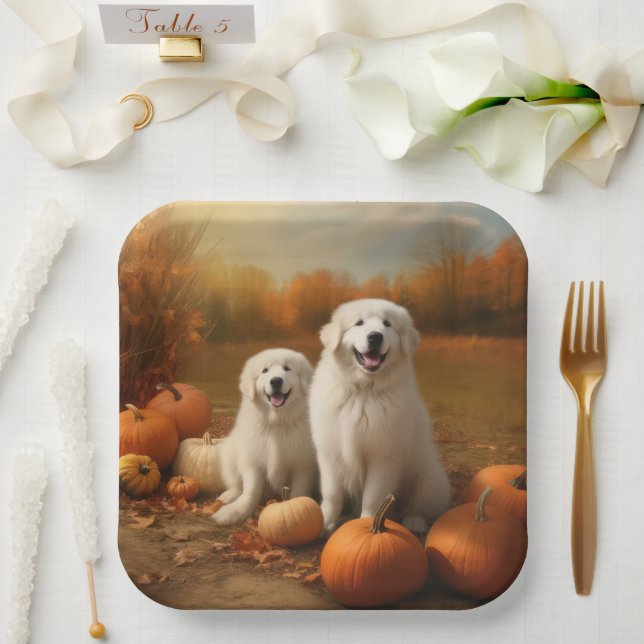 Great Pyrenees Puppy Autumn Delight Pumpkin  Paper Plates (Wedding)