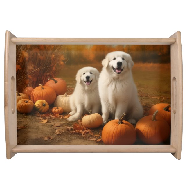 Great Pyrenees Puppy Autumn Delight Pumpkin  Serving Tray (Front)