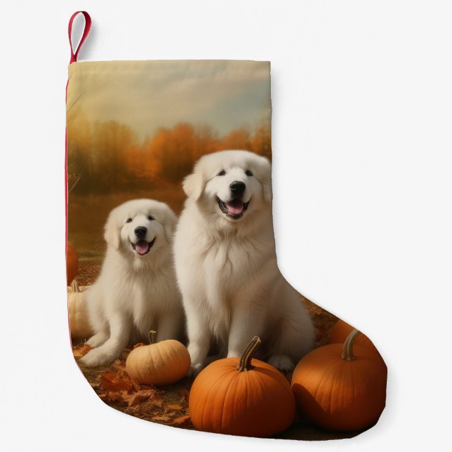 Great Pyrenees Puppy Autumn Delight Pumpkin  Small Christmas Stocking (Front)