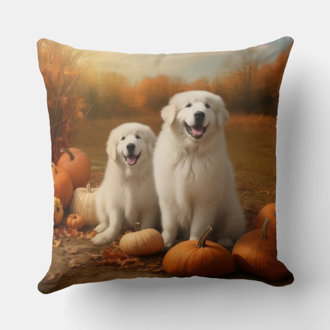 Great Pyrenees Puppy Autumn Delight Pumpkin  Throw Pillow (Back)