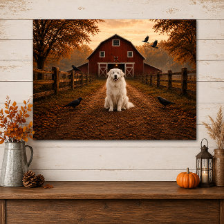 Great Pyrenees, Red Barn, Crows Autumn Scene |  Faux Canvas Print