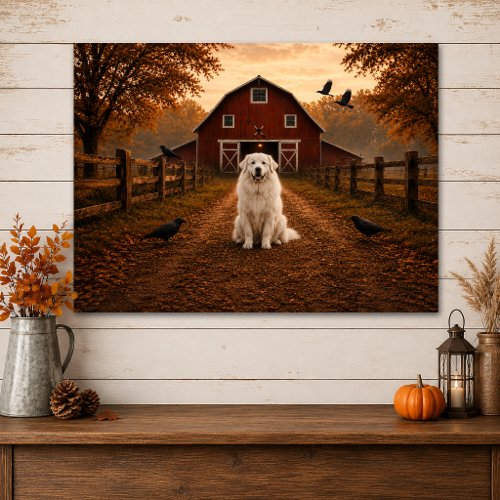 Great Pyrenees, Red Barn, Crows Autumn Scene |  Faux Canvas Print