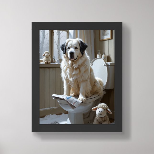 Great Pyrenees Sitting On Toilet Funny  Framed Art (Framed Front)