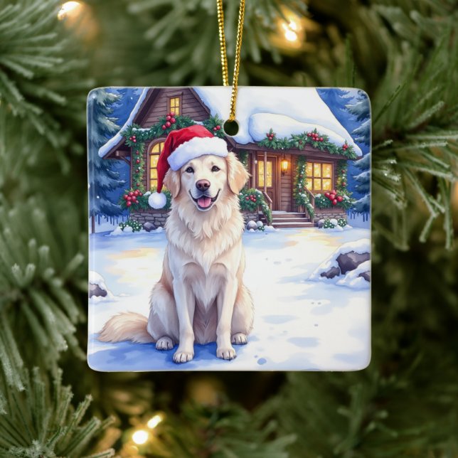 Great Pyrenees Snowy Mountain Lodge Santa Hat Ceramic Ornament (Tree)