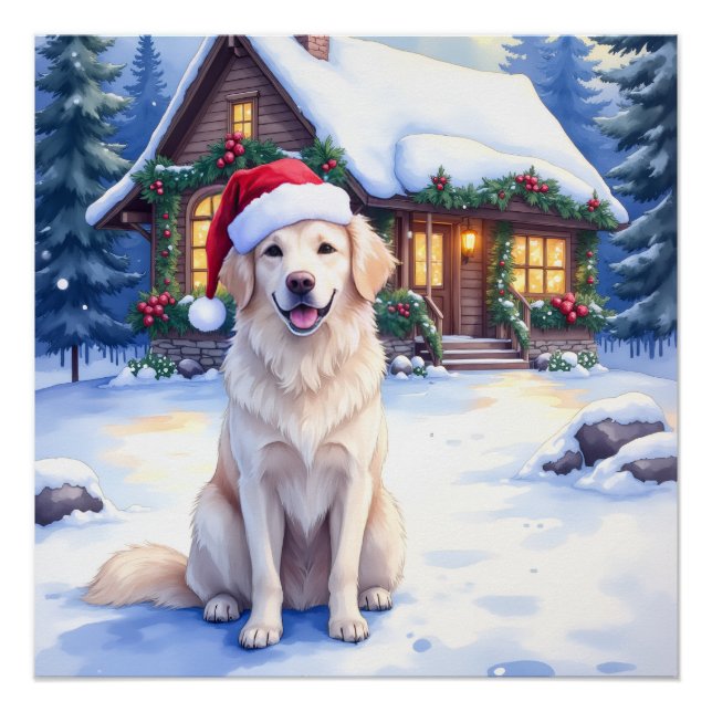 Great Pyrenees Snowy Mountain Lodge Santa Hat Poster (Front)