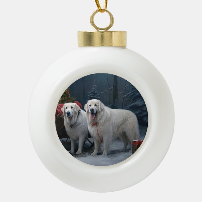 Great Pyrenees Snowy Sleigh Christmas Decor Ceramic Ball Christmas Ornament (Front)