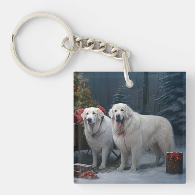Great Pyrenees Snowy Sleigh Christmas Decor Keychain (Front)