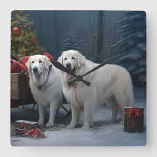Great Pyrenees Snowy Sleigh Christmas Decor Square Wall Clock