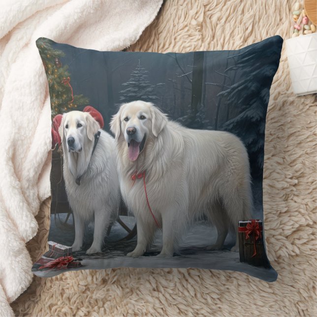 Great Pyrenees Snowy Sleigh Christmas Decor Throw Pillow (Blanket)