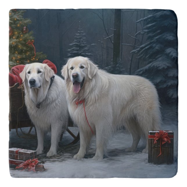 Great Pyrenees Snowy Sleigh Christmas Decor Trivet (Front)