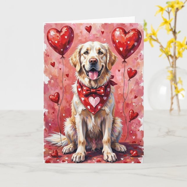 Great Pyrenees Valentine’s Day Dog with Hearts Red Card (Yellow Flower)