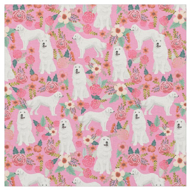 Great Pyrenees vintage florals pink Fabric (Close Up)