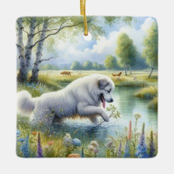 Great Pyrenees Watercolor Lake Ceramic Ornament by steelmoment at Zazzle