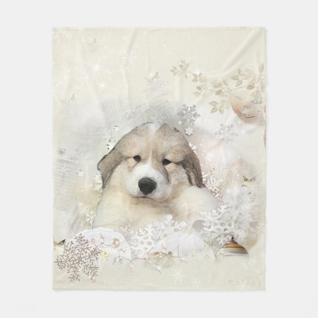 Great Pyrenees Watercolor Puppy Fleece Blanket (Front)