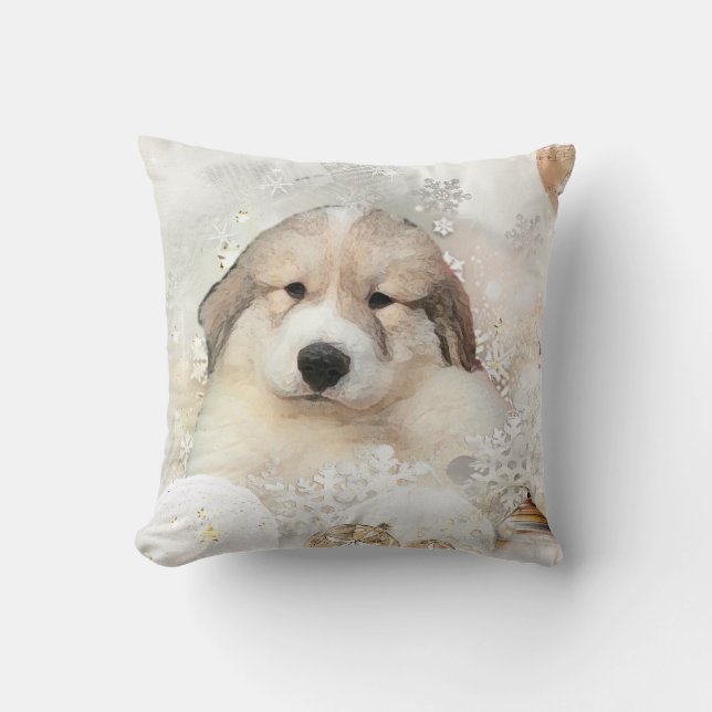 Great Pyrenees Watercolor Puppy Holiday Throw Pillow (Front)