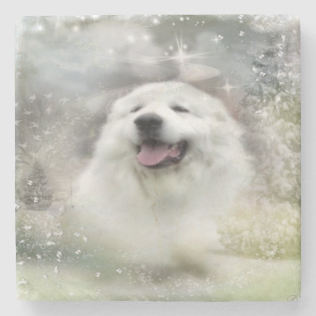Great Pyrenees Winter Scene Stone Coaster (Front)