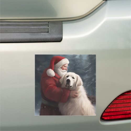 Great Pyrenees With Santa Claus Festive Christmas Car Magnet