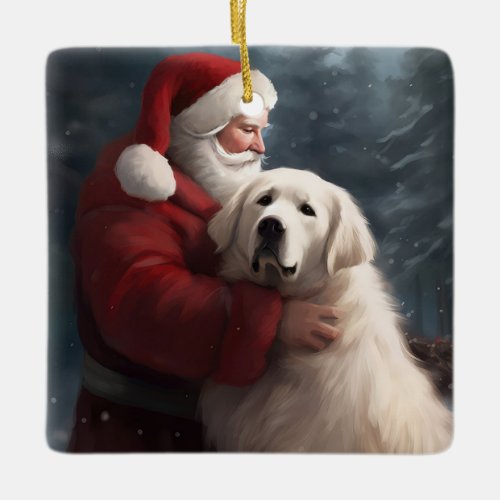 Great Pyrenees With Santa Claus Festive Christmas Ceramic Ornament
