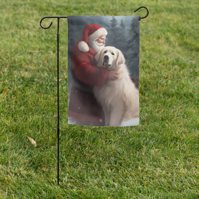 Great Pyrenees With Santa Claus Festive Christmas Garden Flag (In SItu)